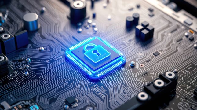 Glowing blue padlock icon on a computer circuit board, symbolizing digital security and data protection