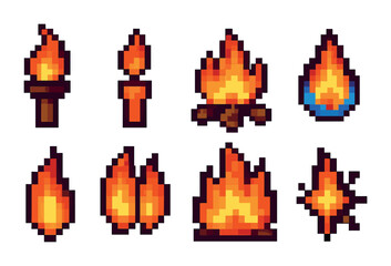 Obraz premium Fire and flames icons set – pixel art, blazing, campfire illustrations