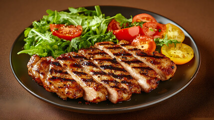 Plate of grilled meat portions accompanied by a vibrant salad, showcasing a meal featuring tomatoes and greens.