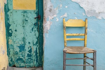 Aged door and chair against weathered wall