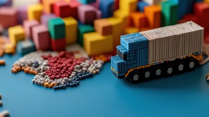 Country map made of colorful blocks showing major cities and transport paths