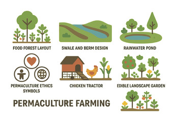 Permaculture farming icons set – flat, sustainable, gardening design symbols