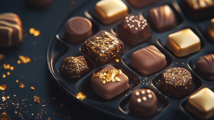 A vibrant box of creamy chocolates showcased on a dark textured plate with scattered edible gold flakes, captured in ultra HD detail. 32k, full ultra hd, high resolution