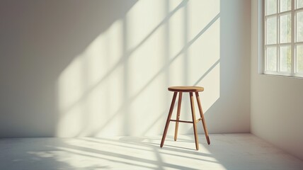 Minimalist Room with Wooden Stool and Sunlight Shadows minimalist interior wooden stool bright room
