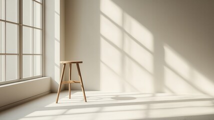 Minimalist Interior with Sunlight and Wooden Stool minimalist interior empty room studio backdrop ai