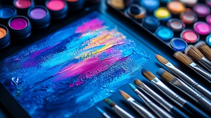 Artistic Expression with Vibrant Palette, Brushes, and Textured Painting Close-Up