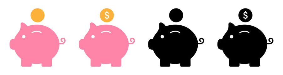 Set of four piggy bank illustrations in pink and black with coins above, some featuring dollar signs. Simple flat style, perfect for money saving, budgeting, and financial themes. Piggy, icons.
