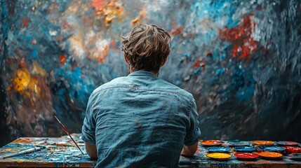 Contemplation and Creativity: Artist Gazing at Abstract Multicolor Painting