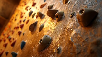 Captivating close-up view of a challenging indoor climbing wall, textured holds