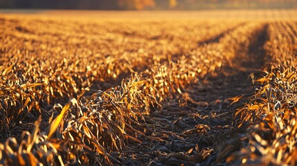 Golden Horizon: A Textured Field of Harvested Crop at Dusk Embraced by Warm Light