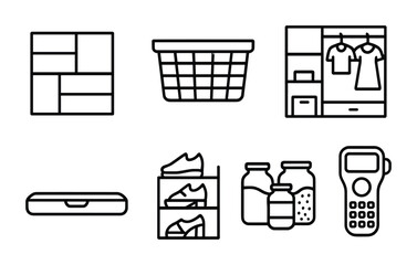 Home organization line icons set – storage, closet, tidy essentials