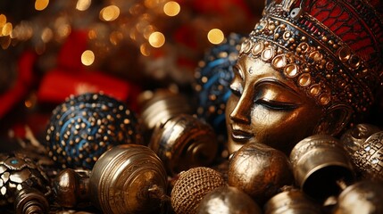 Enigmatic buddha statue amidst intricate golden adornments and festive bokeh