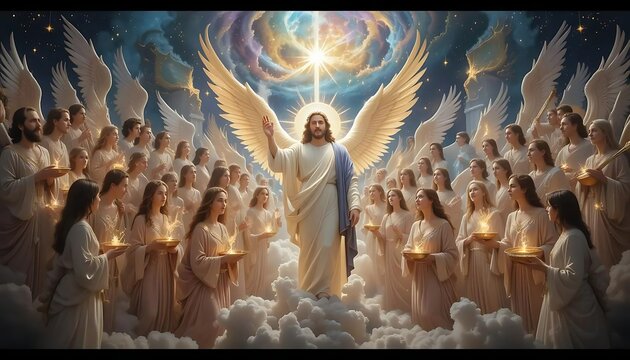 Heavenly Host in Worship This image showcases the beauty and diversity of angelic beings in heaven, engaged in worship and adoration of God, blending art and spirituality to convey the majesty