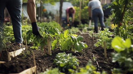 Organic gardening at a community farm, sustainable practices and teamwork