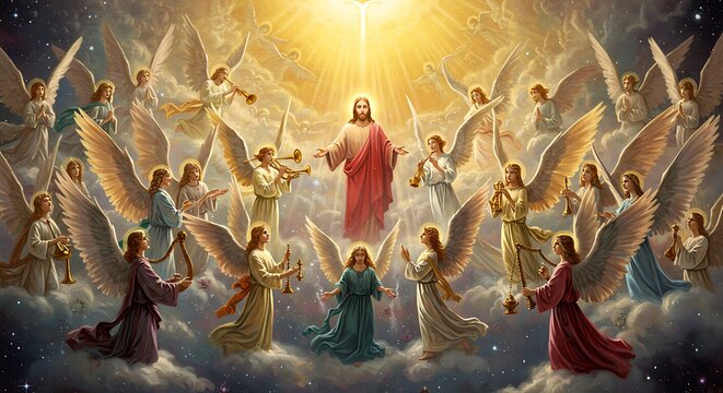 Heavenly Host in Worship This image showcases the beauty and diversity of angelic beings in heaven, engaged in worship and adoration of God, blending art and spirituality to convey the majesty