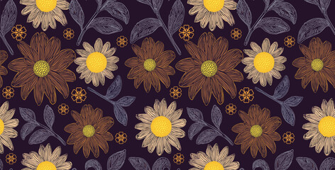 Handmade Seamless Floral Pattern With Stylized Daisies And Leaves On A Dark Purple Background.