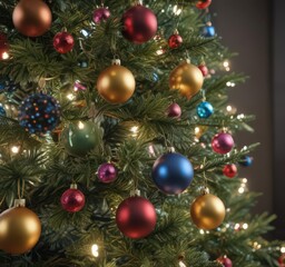 Close-up of a decorated Christmas tree with twinkling lights and colorful baubles ,  colorful,  lights