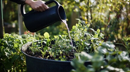 Nurturing Growth: Hand Watering Seedlings in a Pot with Watering Can