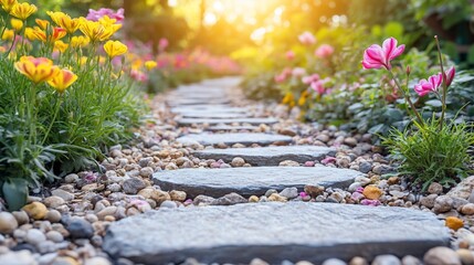 Serene Garden Path: Stone Walkway Amidst Blooming Flowers