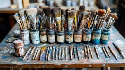Artistic brushes in jars, colorful artist's workspace, painting tools arrangement