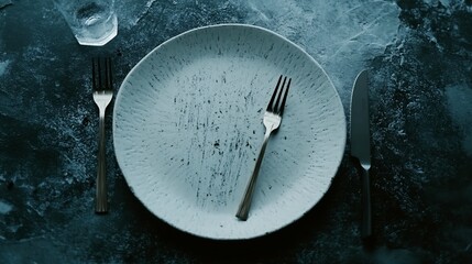 Elegant and minimalist culinary arrangement with plate, forks, knife and glass