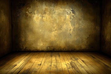 Empty room with distressed gold walls and wooden floor