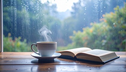 Custom AI Model 雨の日 窓辺 雨粒 しずく 木製窓 木枠 自然光 コーヒー ホットドリンク 湯気 テーブル 木製テーブル 本 読書 開いた本 リラックス 癒し ナチュラル 静かな時間 落ち着き 書斎 森林 緑 インテリア カフェ風 雨音 自然 ぬくもり 曇り空 屋内 ヒュッゲ のんびり 雨の午後 ピースフル ウッディ ナチュラルライフ シンプル コージー 雨景色 レインドロップ