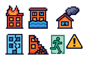 Naklejka premium Natural disasters pixel art icons set – emergency, weather, crisis symbols