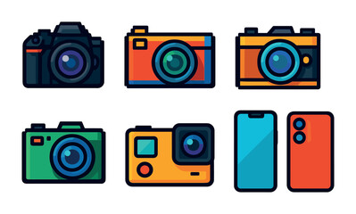Photography and camera icons set in flat style – digital, lens, photo symbols