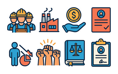 Industrial and business icons set - outline, linear, factory and workforce symbols