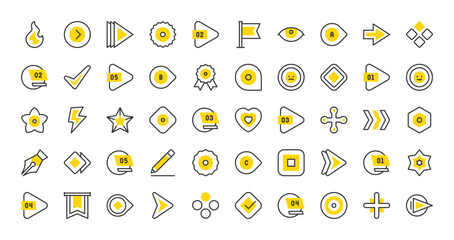 Set of Bullet points vector stroke icons. such as Arrow, Check, Bullet Point, Next, Number, Circle, Star, Plus illustration.