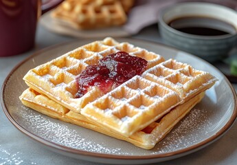 Delicious golden waffles topped with berry jam and powdered sugar on a rustic table with coffee in the background