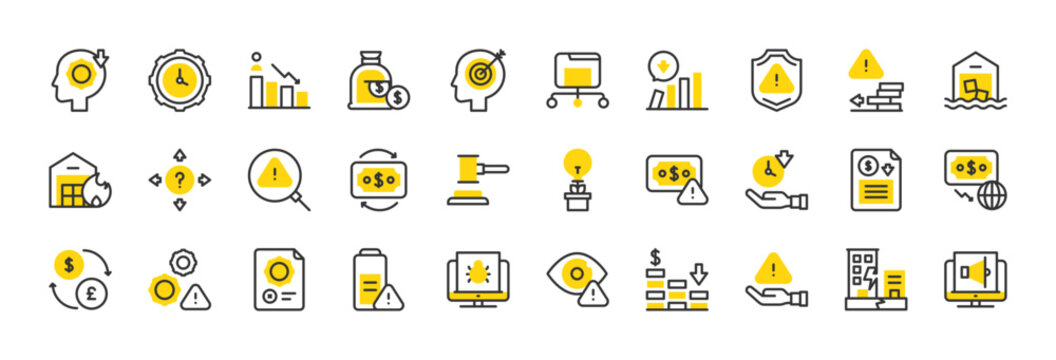 Set of Business risks vector stroke icons. such as Uncertainty, Money, View, Alert, Risk, Earthquake, Time Management, Fire, Alert, Recession, File, Shield, Deadline, Exchange, Low illustration.