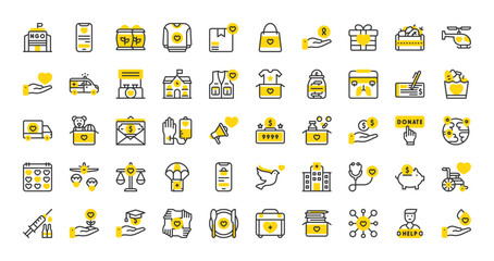 Set of Charity vector stroke icons. such as Stethoscope, Give Money, Megaphone, Piggy Bank, Needy, Helping, Medicine, Ngo, Cheque, Toys, World, Vegetables, Donate, Food, Scholarship illustration. 