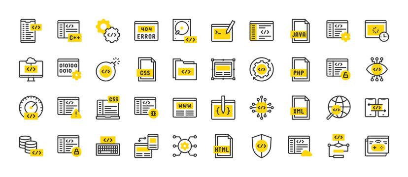 Set of Coding vector stroke icons. such as View, Algorithm, Development, Speedometer, C++, Web Design, Loading, Cpu, Refresh, Binary Code, Database, Folder, Unlocked, Java, Website, Xml illustration.