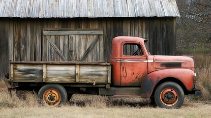A vintage truck with a wooden bed parked quietly in front of an old countryside barn.

