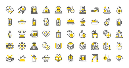 Set of Dia de muertos vector stroke icons. such as Catrina , Cempasuchil, Heart, Cross, Skull, Catrina, Moon, Candle, Mariachi, Poncho, Cactus, Tequila, Mirror, Decoration, Fan illustration.