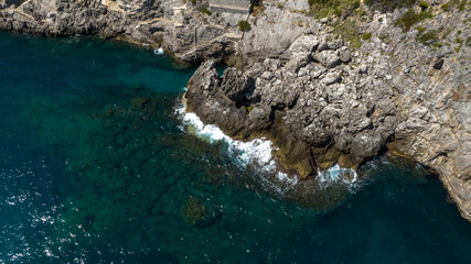 Aerial view of a rocky stretch of coast of the Amalfi Coast, located in the province of Salerno,...