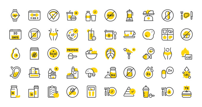 Set of Diet vector stroke icons. such as Probiotics, Sodium, Weight Loss, Calories, Digestion, Zinc, No Sugar, Fast Food, Meal, Pyramid, No Gmo, Burning, Nutrients, Bread, Salad, Low Fat illustration.