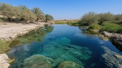 Desert Oasis: Crystal-Clear Spring Water Surrounded by Lush Vegetation