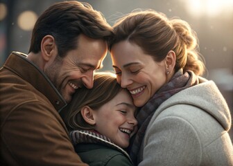 Fototapeta premium Emotional Digital Portrait of a Happy Family Snuggling Together in a Cozy Atmosphere with Warm Lighting, Soft Focus, Cinematic Mood, Detailed Facial Features, and Vibrant Colors