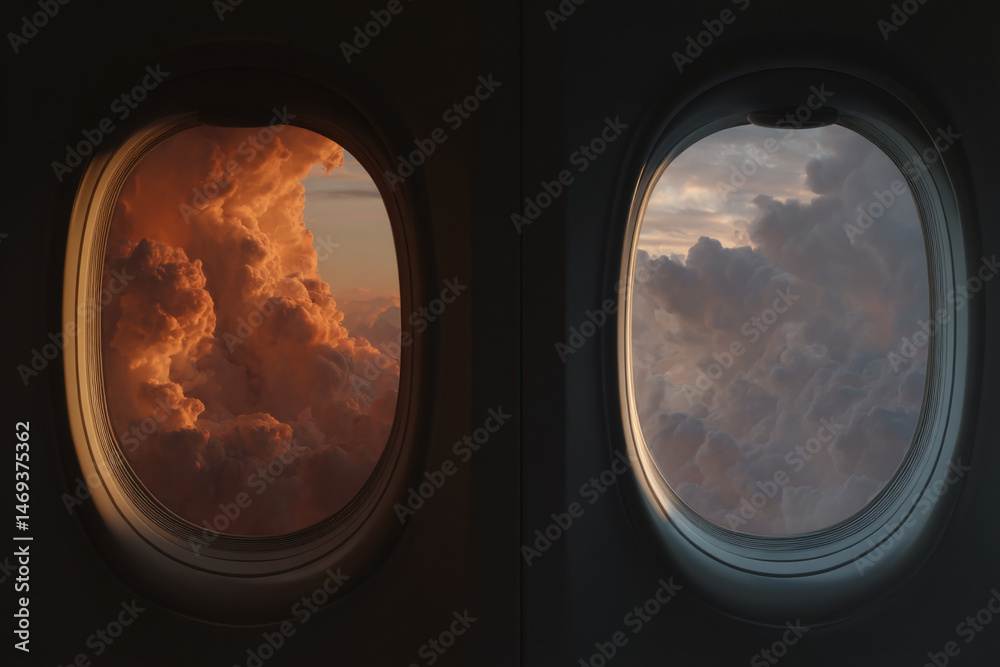 Aufkleber airplane window view of sunset cloudscape, showing two contrasting cloud formations. represents trav
