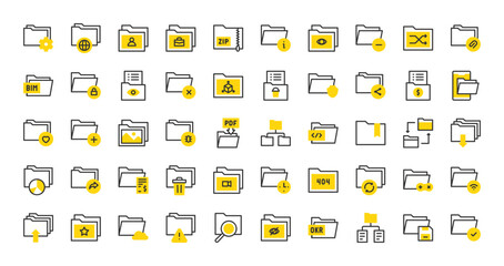 Set of Folders vector stroke icons. such as Okr, Bim, Watchlist, Quote Request, Data Sharing, Download Pdf, Price List, Image, Refresh, Save, Share, Recycle Bin, Download, Work, Bookmark illustration.