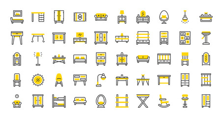 Set of Furniture vector stroke icons. such as Book Shelf, Wardrobe, Chair, Lamp, Sofa, Cabinet, Tv Table, Double Bed, Mirror, Bar Stool, Clock, Coffee Table, Couch, Crib, Desk, Dining illustration. 