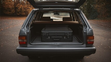 A stunning image of dark gray station wagon's open trunk containing a single black suitcase.