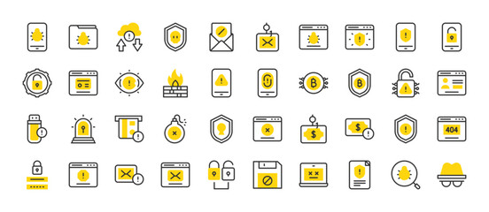 Set of Hacker vector stroke icons. such as Bitcoin, Locker, Money, Web, Login, Folder, Phone, File, Eye, Floppy Disc, Hacker, Laptop, Mail, Money, Not Found, Padlock, Search, Settings illustration.