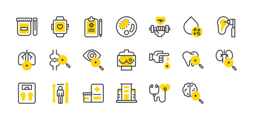 Set of Health checkup vector stroke icons. such as Eye,  Dumbbell, Mammogram, Brain, Ear, Heart, Kidney, Medical Prescription, Virus, Body Scale, Urine, Blood Cells, Lungs, Bones, Height illustration.