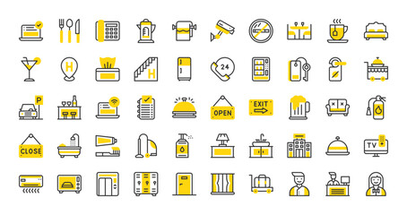 Set of Hotel vector stroke icons. such as Cctv Camera, Parking, Open, Bell, Room Door, Online Booking, Cocktail, Bath Tub, Tissue Box, Food Tray, 24 Hours, Bar, Free Wifi, Oven, Cutlery illustration.