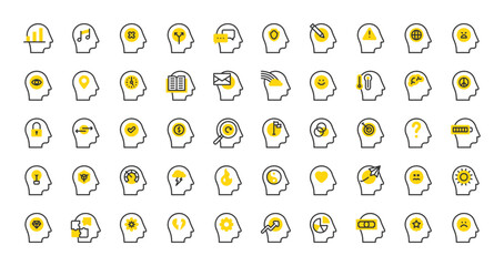 Set of Human mind vector stroke icons. such as Alert, Insecure, Protection, Security, Question, Analytics, Sad, Development, Brain, Sick, Happy illustration.