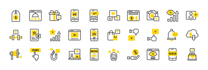 Set of Influencer vector stroke icons. such as Video, Likes, Add, Girl, Star, Hand, Phone, Fitness, Blog, Shopping Bag, Laptop, Cloud, Price Tag, Viewers, Like, Megaphone, Subscribe illustration.